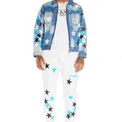 MENS TRACK SETS DOMINIC DENIM JACKET/TRACKPANT SET-WHITE/BLUE