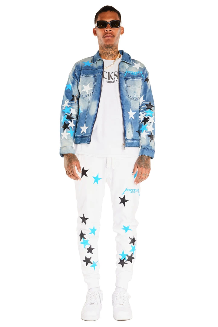 MENS TRACK SETS DOMINIC DENIM JACKET/TRACKPANT SET-WHITE/BLUE 1 MENS TRACK SETS DOMINIC DENIM JACKET/TRACKPANT SET-WHITE/BLUE