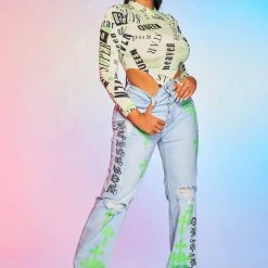 WOMENS JEANS KAZ DISTRESSED WIDE LEG JEAN-LIGHT WASH