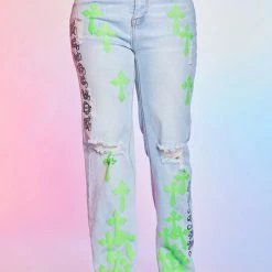 WOMENS JEANS KAZ DISTRESSED WIDE LEG JEAN-LIGHT WASH