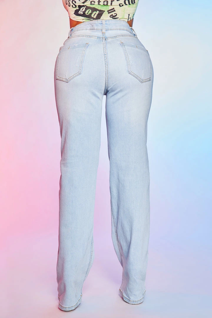 WOMENS JEANS KAZ DISTRESSED WIDE LEG JEAN-LIGHT WASH 8 WOMENS JEANS KAZ DISTRESSED WIDE LEG JEAN-LIGHT WASH