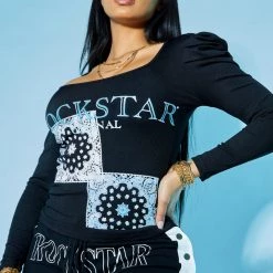 WOMENS TEES JASMINE LONG SLEEVE KNIT TOP-BLACK