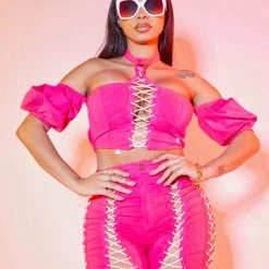 WOMENS DRESSES Best Seller SONORA LACE UP BIKER SHORT SET-PINK
