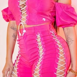 WOMENS DRESSES Best Seller SONORA LACE UP BIKER SHORT SET-PINK
