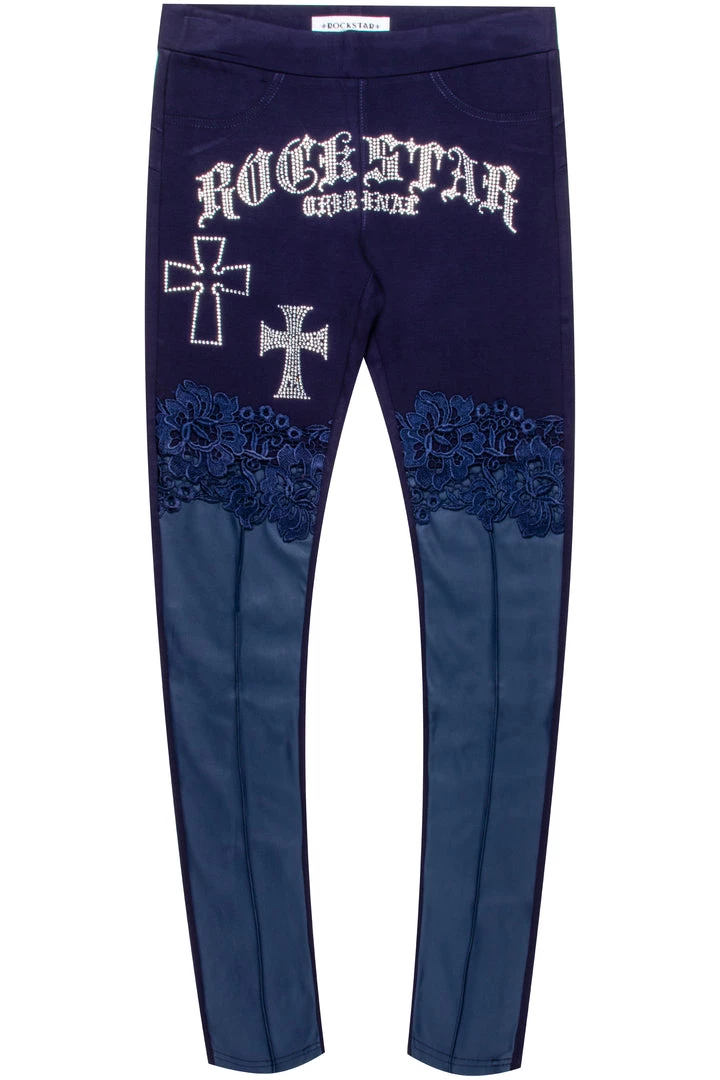 WOMENS PANTS RUBI LEATHER & LACE LEGGING-BLUE Best Seller 1 WOMENS PANTS RUBI LEATHER & LACE LEGGING-BLUE Best Seller