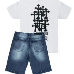 MENS SHORT SETS SAGER T-SHIRT/DENIM SHORT SET-WHITE