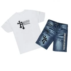 MENS SHORT SETS SAGER T-SHIRT/DENIM SHORT SET-WHITE