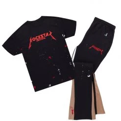 MENS TRACK SETS SCOTTIE T-SHIRT/FLARE PANT SET-BLACK/RED
