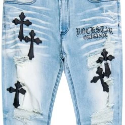 MENS JEANS Stark Blue Leather Cross Patch Jean