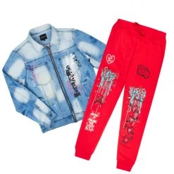MENS TRACK SETS TOBI DENIM JACKET/TRACKPANT SET-RED