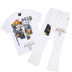 MENS TRACK SETS CHASE T-SHIRT STACKED FLARE TRACKSET-WHITE