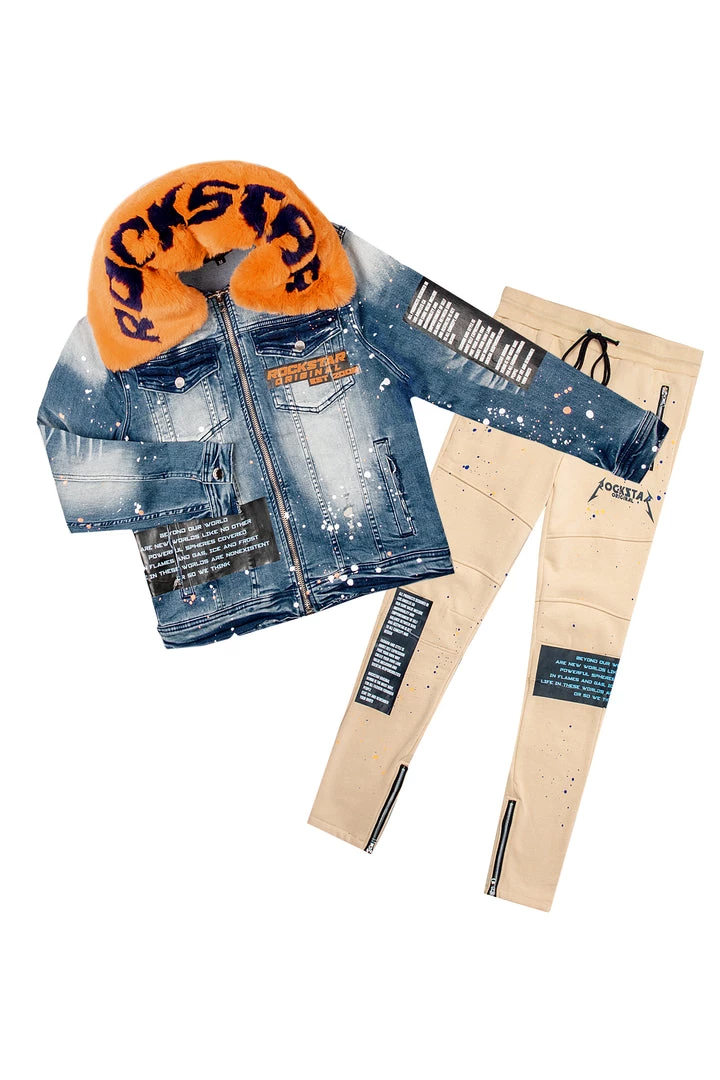 MENS TRACK SETS EVERETT DENIM JACKET/TRACKPANT SET-ORANGE 1 MENS TRACK SETS EVERETT DENIM JACKET/TRACKPANT SET-ORANGE