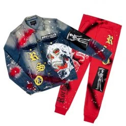 MENS TRACK SETS ROMAN DENIM JACKET/TRACKPANT SET-RED