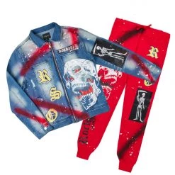 MENS TRACK SETS NOMAR DENIM JACKET/TRACKPANT SET-RED 10 MENS TRACK SETS NOMAR DENIM JACKET/TRACKPANT SET-RED