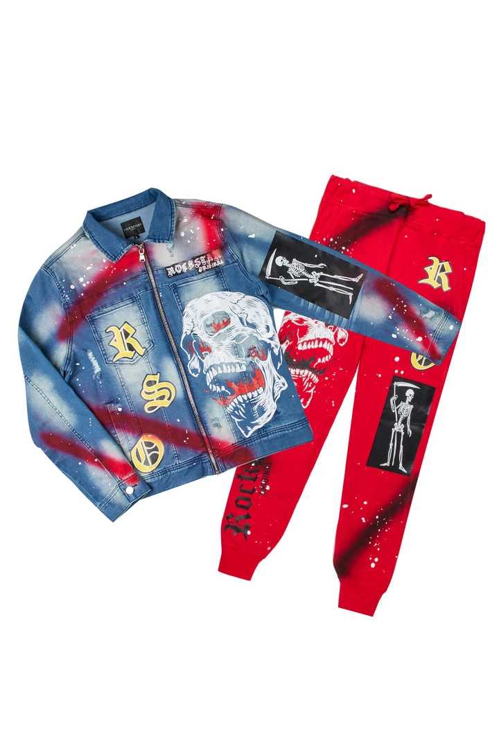 MENS TRACK SETS NOMAR DENIM JACKET/TRACKPANT SET-RED 4 MENS TRACK SETS NOMAR DENIM JACKET/TRACKPANT SET-RED