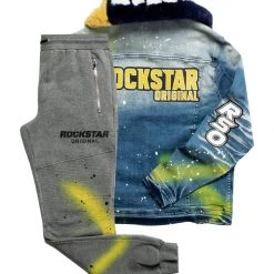 MENS TRACK SETS CARMELO DENIM JACKET/TRACKPANT SET-NAVY/YELLOW 13 MENS TRACK SETS CARMELO DENIM JACKET/TRACKPANT SET-NAVY/YELLOW