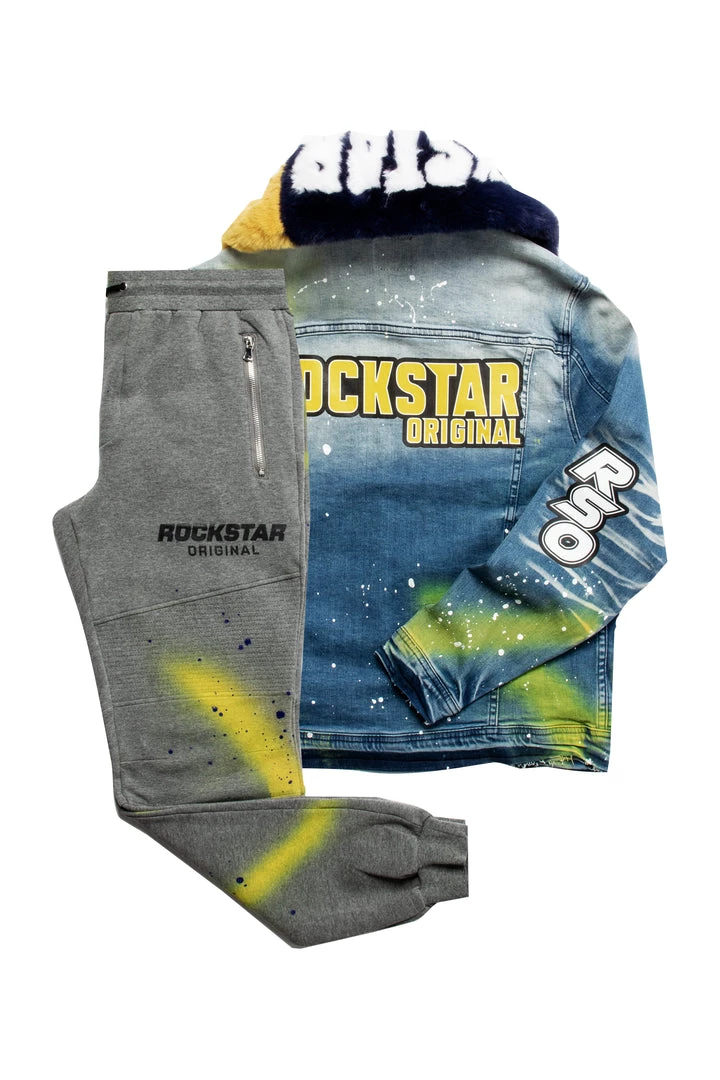 MENS TRACK SETS CARMELO DENIM JACKET/TRACKPANT SET-NAVY/YELLOW 7 MENS TRACK SETS CARMELO DENIM JACKET/TRACKPANT SET-NAVY/YELLOW