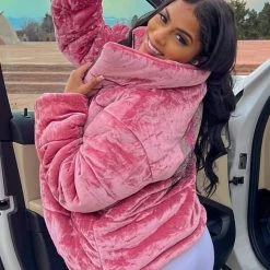 WOMENS OUTERWEAR SKULL VELVET PUFFER JACKET-PINK Best Seller