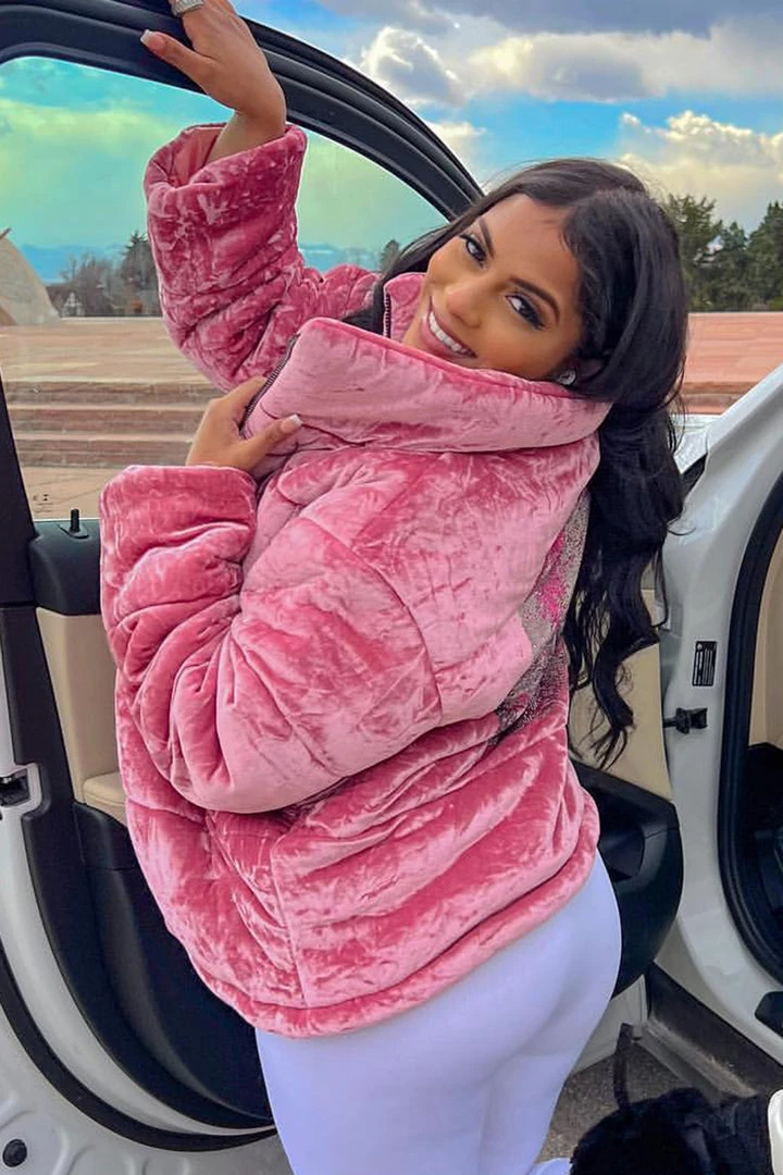 WOMENS OUTERWEAR SKULL VELVET PUFFER JACKET-PINK Best Seller 1 WOMENS OUTERWEAR SKULL VELVET PUFFER JACKET-PINK Best Seller